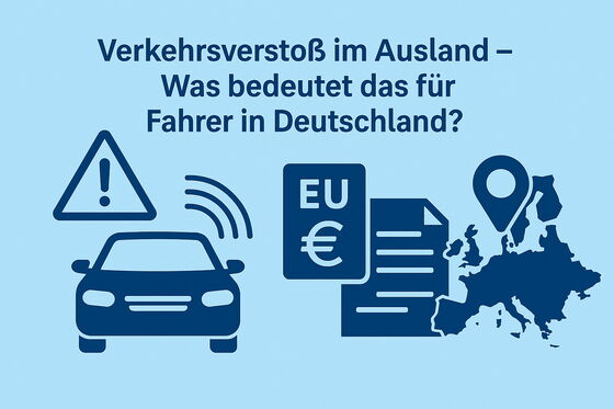 Grafik in blauem Farbton und deutscher Sprache zum Verkehrsverstoß im Ausland