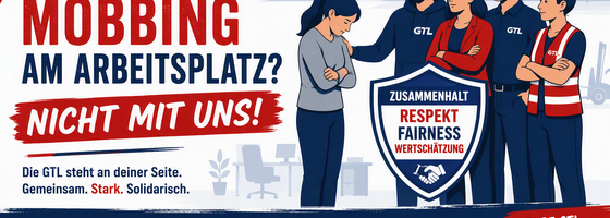 Illustration der GTL zum Thema Mobbing am Arbeitsplatz mit solidarischer Unterstützung für betroffene Beschäftigte
