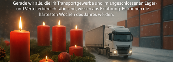 Ein stimmungsvoller Adventskranz mit vier roten Kerzen, daneben ein LKW auf winterlicher Straße und ein Containerlager im Hintergrund. Symbol für die Verbindung von Adventszeit und Logistik.
