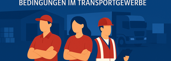 Illustration im GTL‑Design: Drei Beschäftigte aus Transport und Logistik stehen selbstbewusst mit verschränkten Armen vor Lagerhalle und LKW. Darüber der Text ‚Realität statt Parolen: Die GTL kämpft für faire Bedingungen im Transportgewerbe‘. GTL‑Logo unt