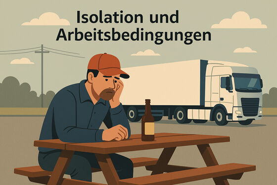 Ein Lkw-Fahrer allein auf einem Rastplatz, mit Symbolen für Isolation und Alkoholproblematik