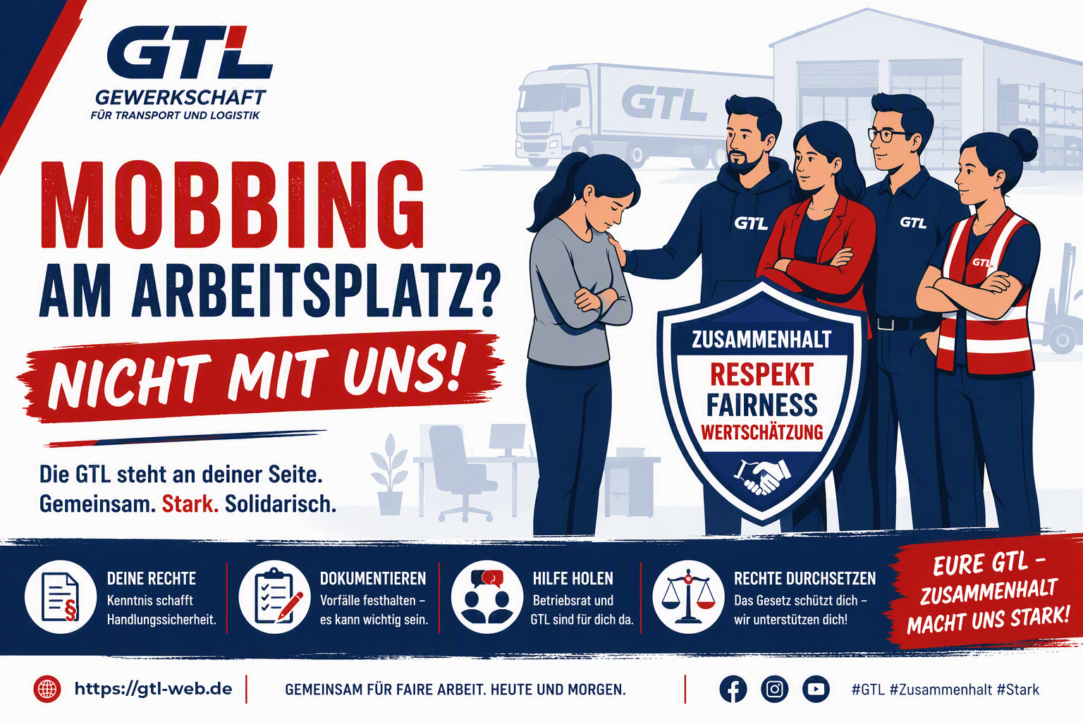 Illustration der GTL zum Thema Mobbing am Arbeitsplatz mit solidarischer Unterstützung für betroffene Beschäftigte