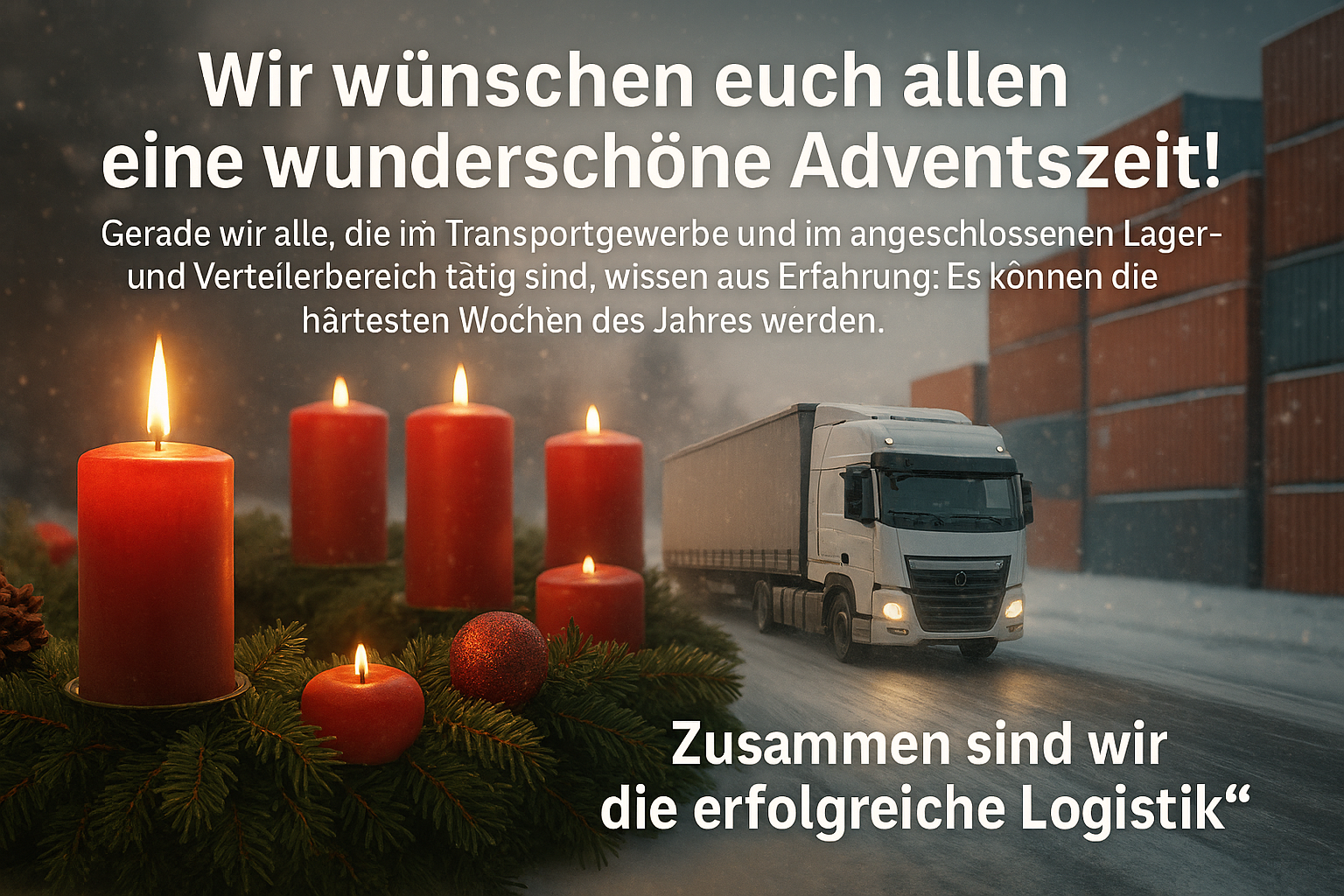 Ein stimmungsvoller Adventskranz mit vier roten Kerzen, daneben ein LKW auf winterlicher Straße und ein Containerlager im Hintergrund. Symbol für die Verbindung von Adventszeit und Logistik.