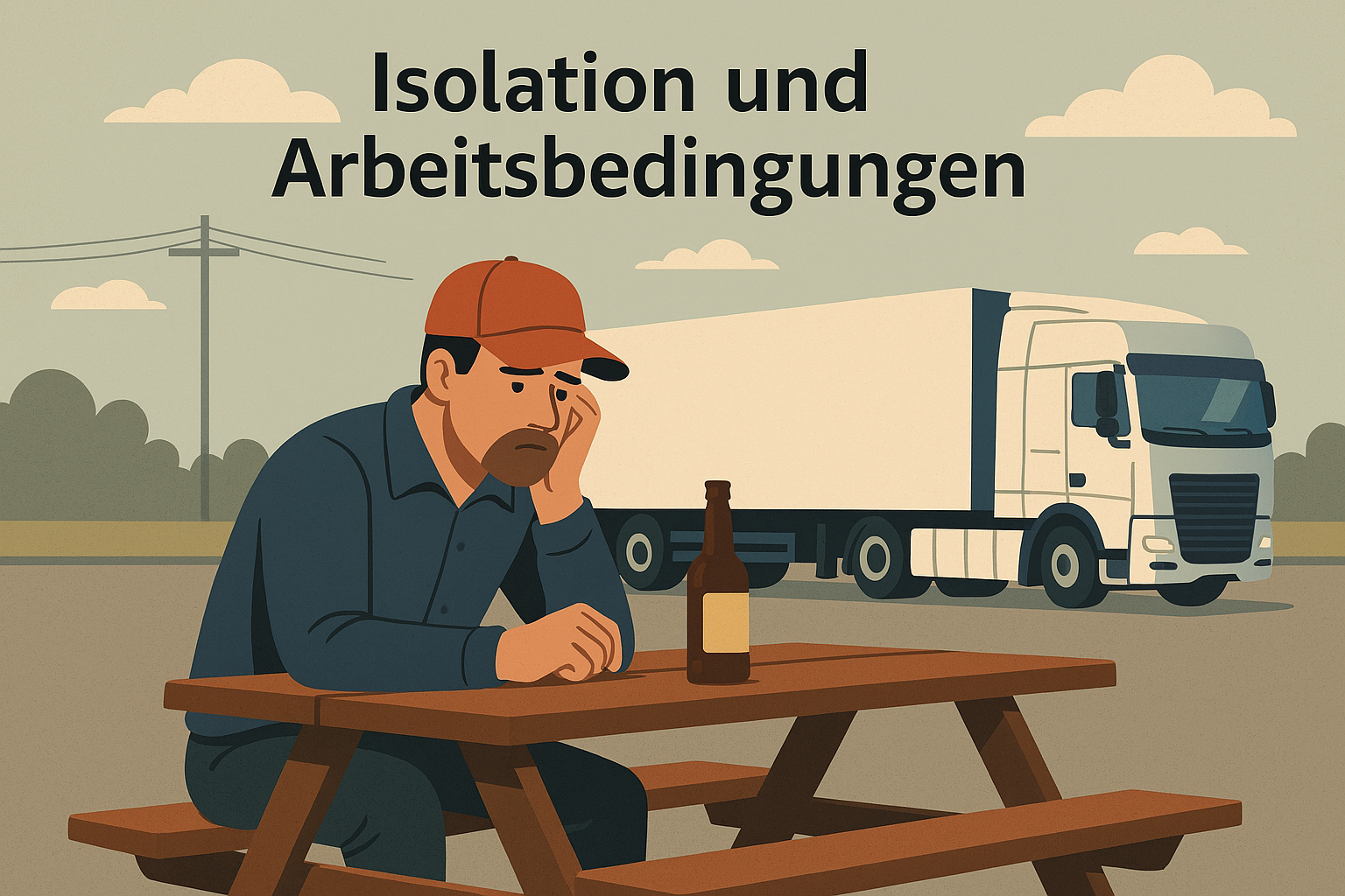 Ein Lkw-Fahrer allein auf einem Rastplatz, mit Symbolen für Isolation und Alkoholproblematik